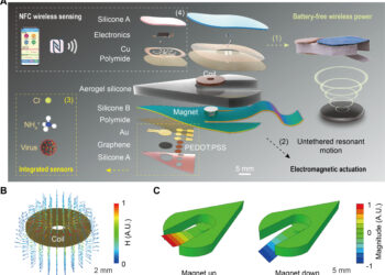 A gentle swimming robot, without wires or batteries, capable of detecting contaminants