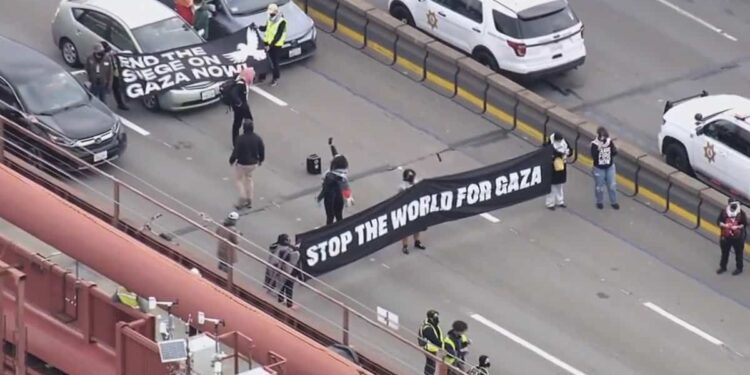 Pro-Palestinian protesters block the Golden Gate Bridge in San Francisco