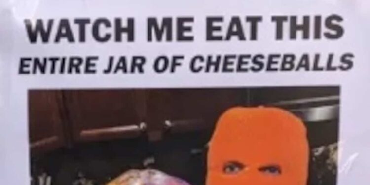 He swallows an entire pot of cheese balls in front of hundreds of onlookers