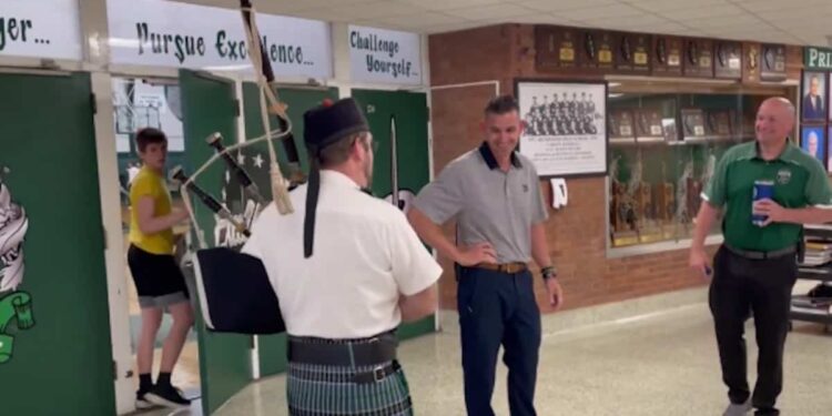TO SEE |  High school seniors hire a bagpiper to torment their principal