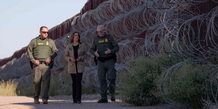 At the Mexican border, Harris attacks Trump on his home turf