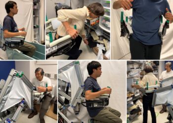 The elderly robot helps people sit and stand up, and catch them if they fall